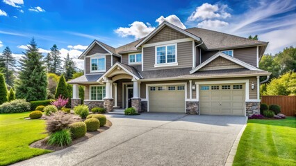 Luxury family house with concrete driveway, wide garage on back yard with blue sky background,Big custom made luxury house in the suburbs,Suburban Luxury residential house with Perfect landscape.