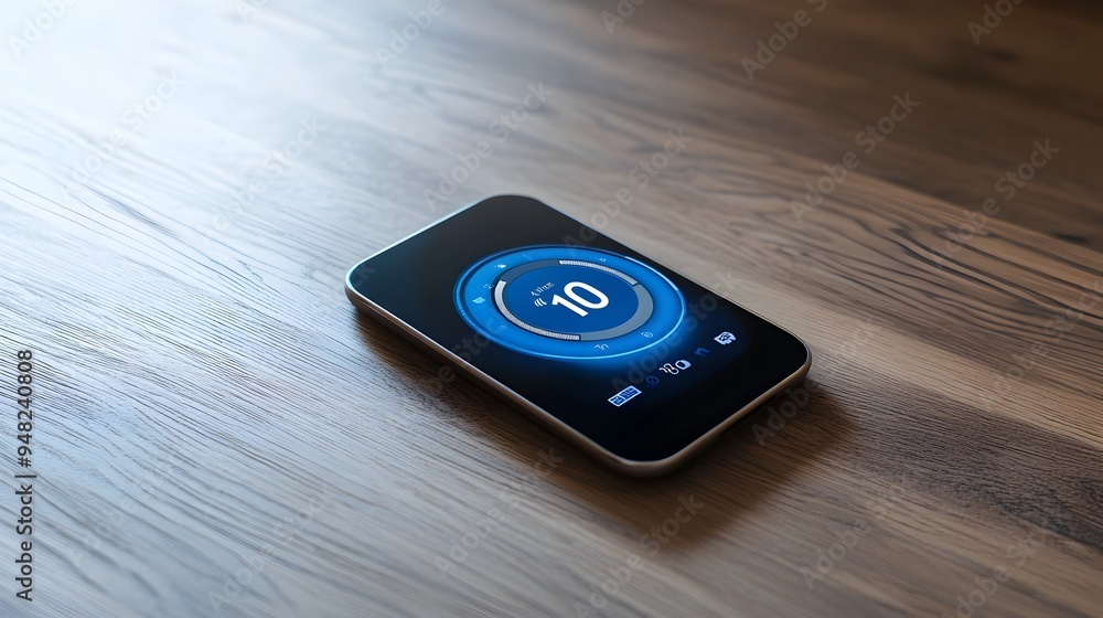 Poster photograph of a modern smart thermostat device controlled by a smartphone app designed for seamless 