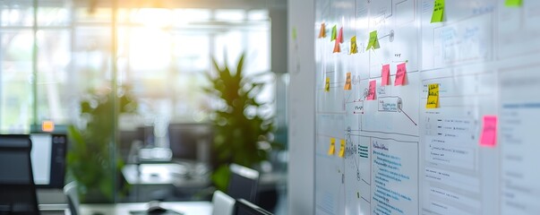 Modern Office Workspace with Whiteboard Architecture Diagrams and Code Snippets