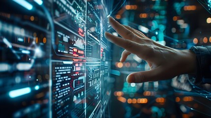 Obraz premium Developer s Hand Reaching Towards Futuristic Holographic Web Interface