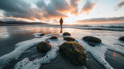 A person walks alone on the beach at sunrise, highlighted by moss-covered rocks and reflective water, creating a peaceful and introspective scene of early morning solitude.