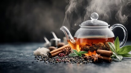 A steaming teapot surrounded by spices and herbs, creating a warm and inviting ambiance for tea lovers and culinary enthusiasts.