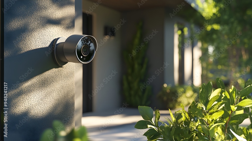 Poster a photograph showcasing an iot powered security installed at the front entrance of a modern connecte