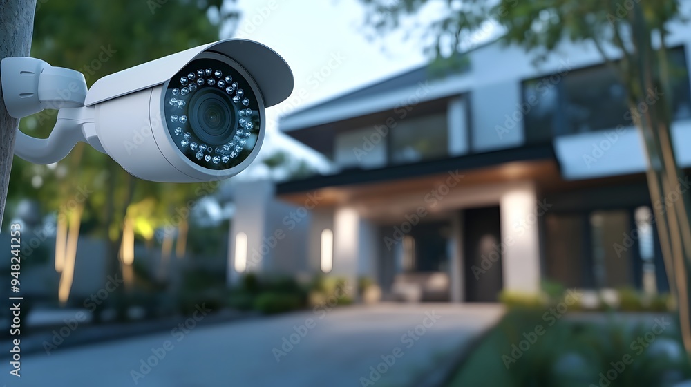 Poster a photograph of an advanced iot powered security monitoring the front entrance of a modern connected