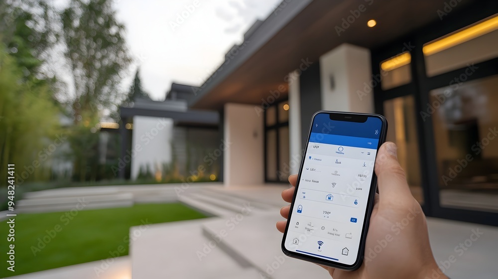 Poster photograph of a smart home s iot connected security system being managed and controlled through a mo