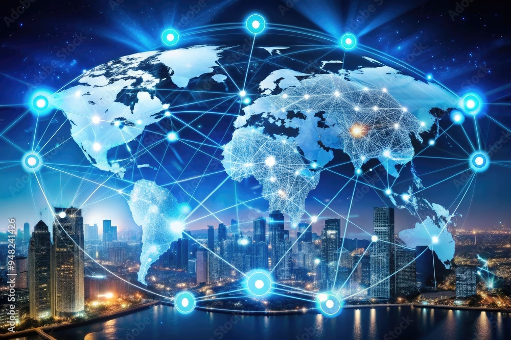 Poster global business internet network connection concept, featuring iot devices, business intelligence, a
