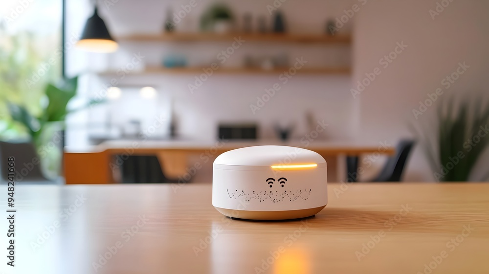 Poster photograph of a smart home hub managing a network of iot devices for lighting security and temperatu