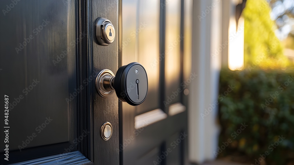 Poster photograph showcasing iot enabled smart locks installed on a front door offering secure home automat