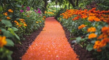 A vibrant orange walkway through a garden, flanked by orange flowers on either side, matching the path color