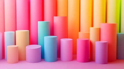 Fototapeta premium Colorful abstract geometric shapes, pastel-hued cylinders, cubes, and rolls, soft gradient background in vibrant rainbow colors, minimalist composition, clean lines.