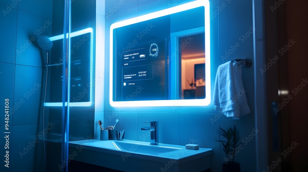 Poster sleek and intelligent bathroom mirror with iot connectivity displaying real time weather and news up