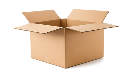  An open empty cardboard box isolated on a white background. Ideal for shipping, packaging, moving, or storage-related concepts.