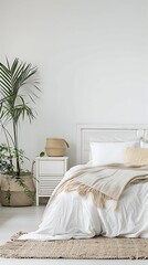 Minimalist Bedroom with White Bed, Beige Blanket, and Palm Plant