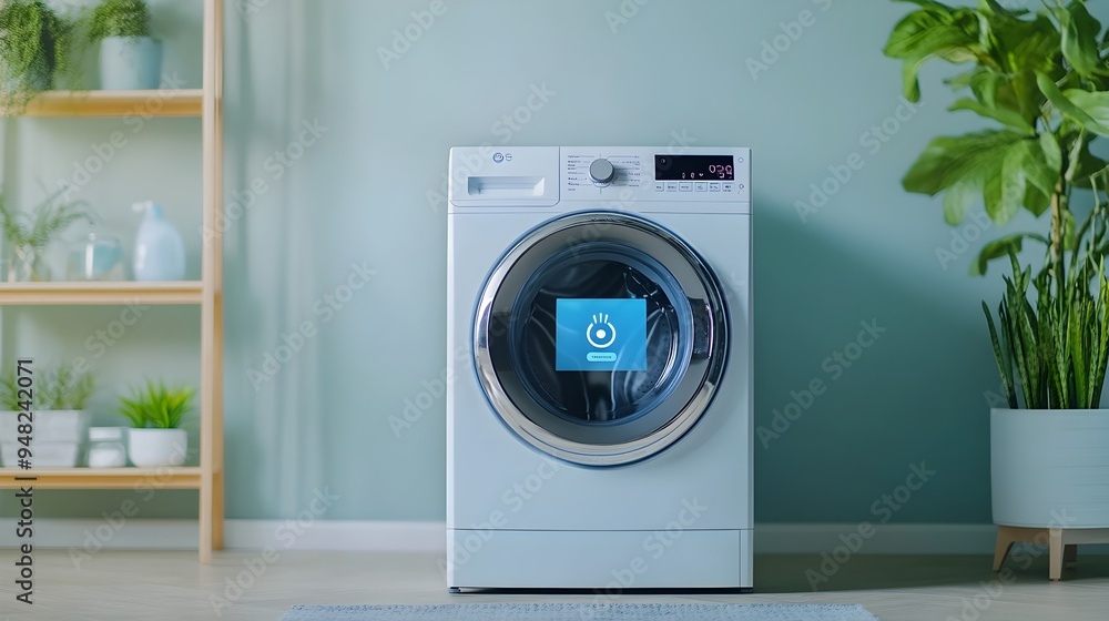 Poster photograph of a modern smart washing machine with a sleek digital interface controlled by a convenie