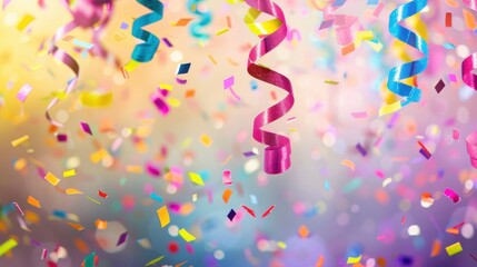 Obraz premium Bright and colorful confetti and streamers float in the air, creating a festive and joyful celebration atmosphere.