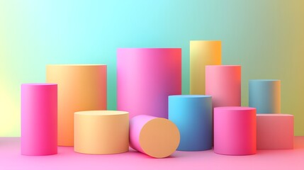 Obraz premium Colorful abstract geometric shapes, pastel-hued cylinders, cubes, and rolls, soft gradient background in vibrant rainbow colors, minimalist composition, clean lines.