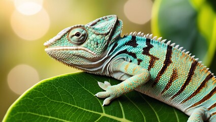 Fototapeta premium Mesmerizing Closeup of a Vibrant Chameleon on a Leaf