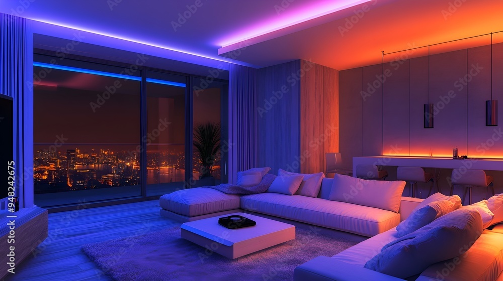 Poster photograph of a smart lighting system automatically adjusting and optimizing illumination levels in 