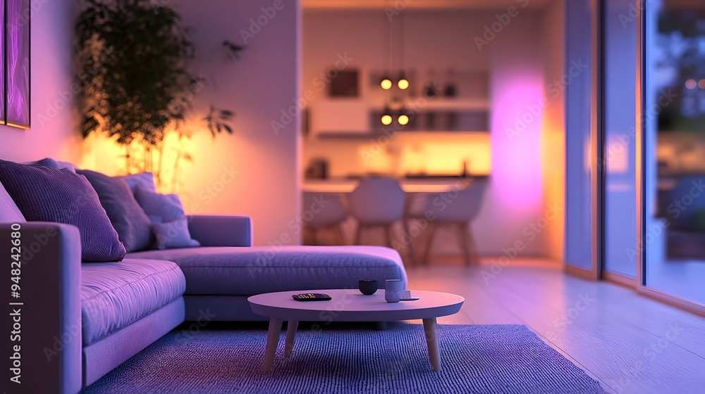 Poster photograph showcasing a smart lighting system automatically adjusting brightness and color temperatu