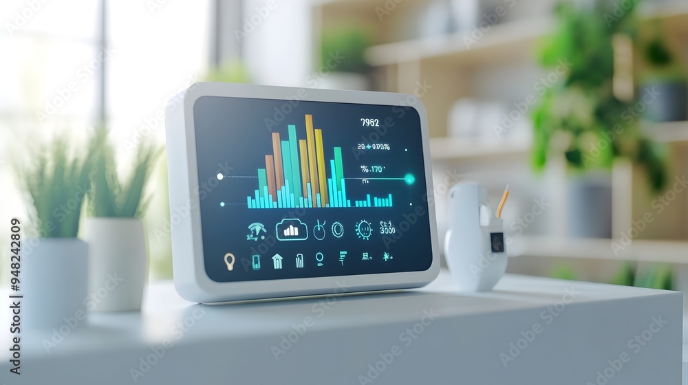 Poster smart home hub displaying real time energy usage statistics and analytics from connected iot devices