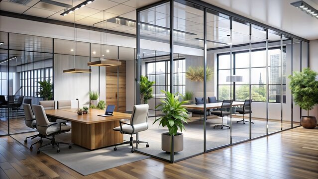 Modern corporate interior with sleek glass wall partition separating open workspace from private meeting area, flooded with natural light and sleek minimalistic decor.