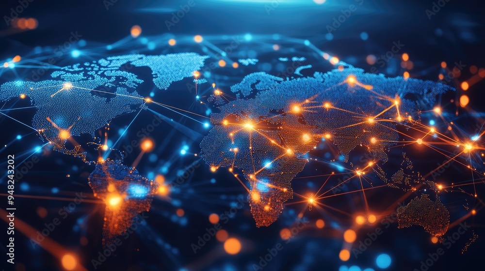 Poster futuristic visualization of global network connections, with digital nodes and lines linking across 