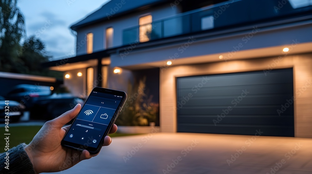 Poster remotely controlled smart garage door with iot app interface and copy space for text automation and 