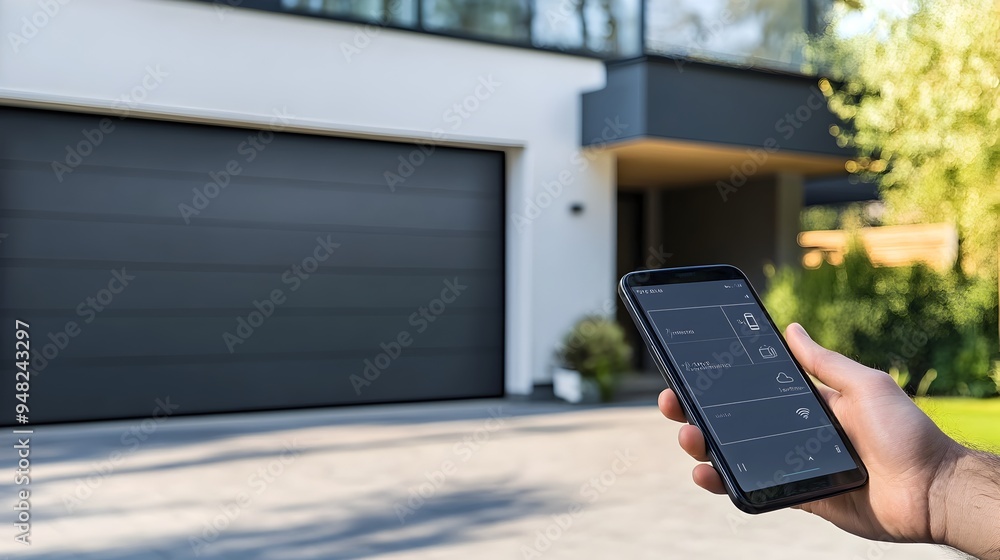 Poster smart garage door being controlled remotely through an iot enabled app with copy space for text or b