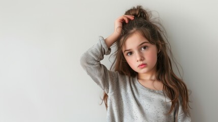 Fototapeta premium Curious Young Girl Scratching Her Head in Thoughtful Pose Against Neutral Background