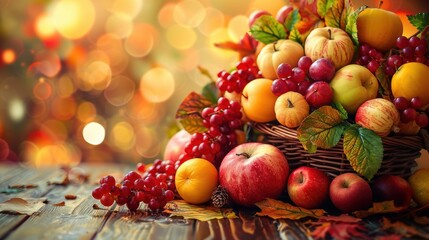 A vibrant basket filled with assorted autumn fruits like apples, grapes, and leaves, celebrating the bounty of the fall season.