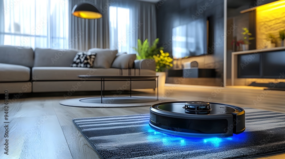 Poster autonomous smart vacuum cleaner navigating a modern living room with empty copy space for text overl