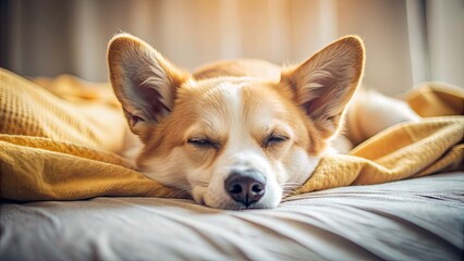 A cute dog peacefully napping on a bed