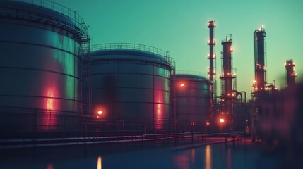 Obraz premium A mesmerizing view of an oil refinery at dusk, featuring large storage tanks, towering structures, and intricate pipelines amid vibrant colors that evoke depth and complexity in the landscape