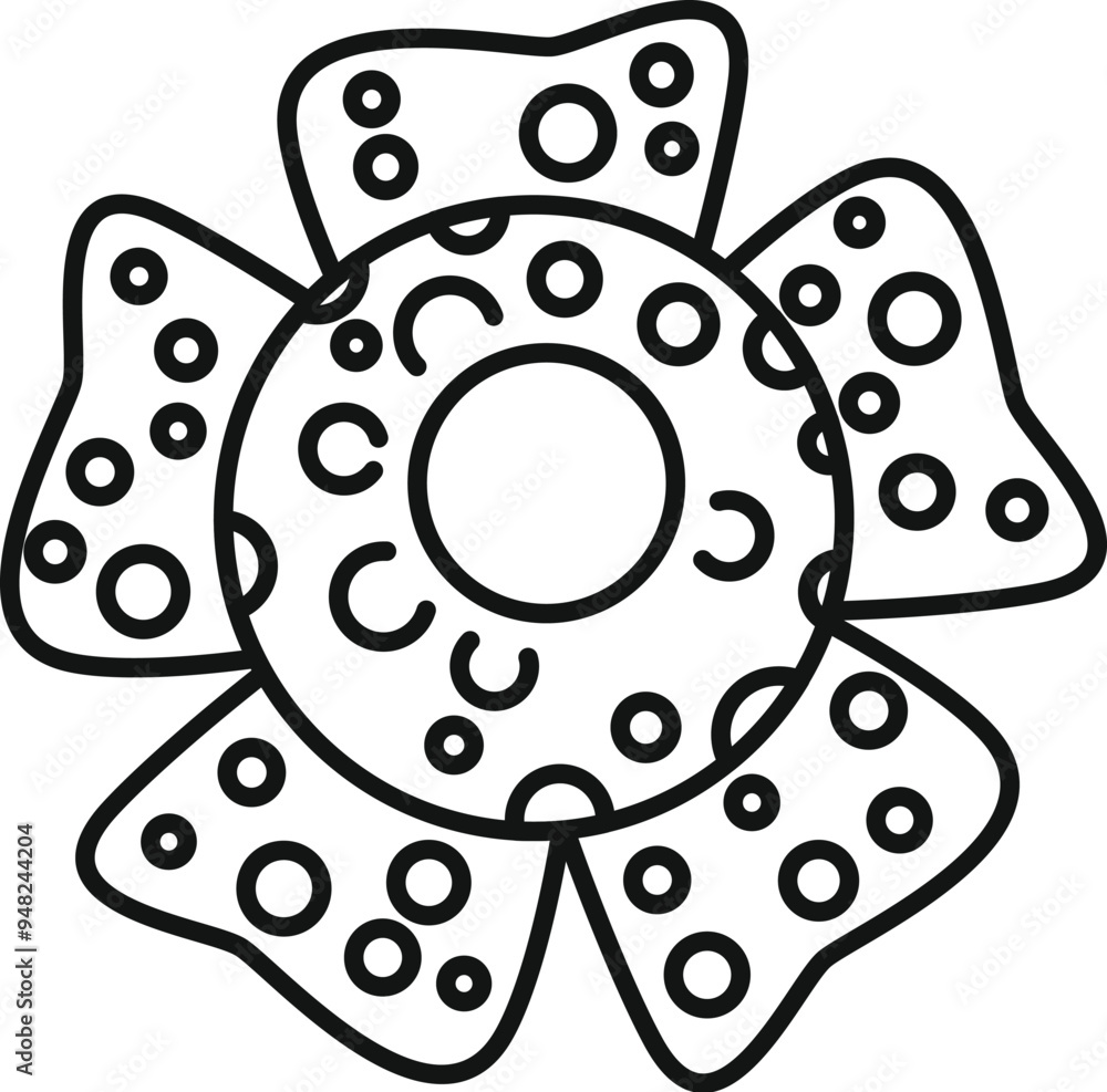 Poster linear icon of a virus with five rounded petals growing around the central part