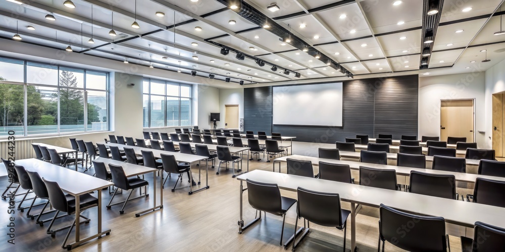 Aufkleber spacious, well-lit educational setting with a massive white projector screen at the front, surrounde