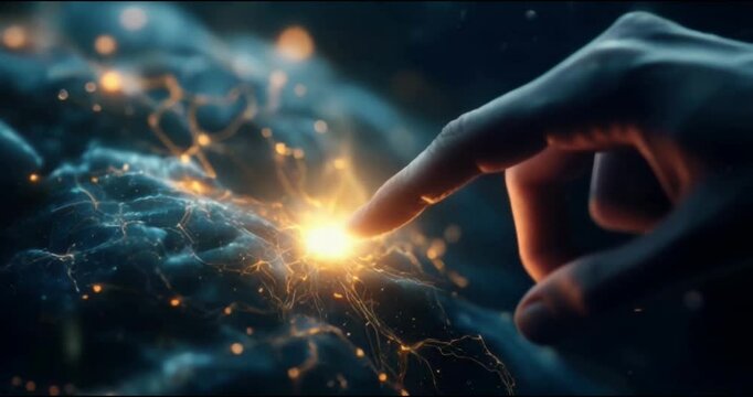 A hand reaching out to touch a glowing network of light, digital connection concept.