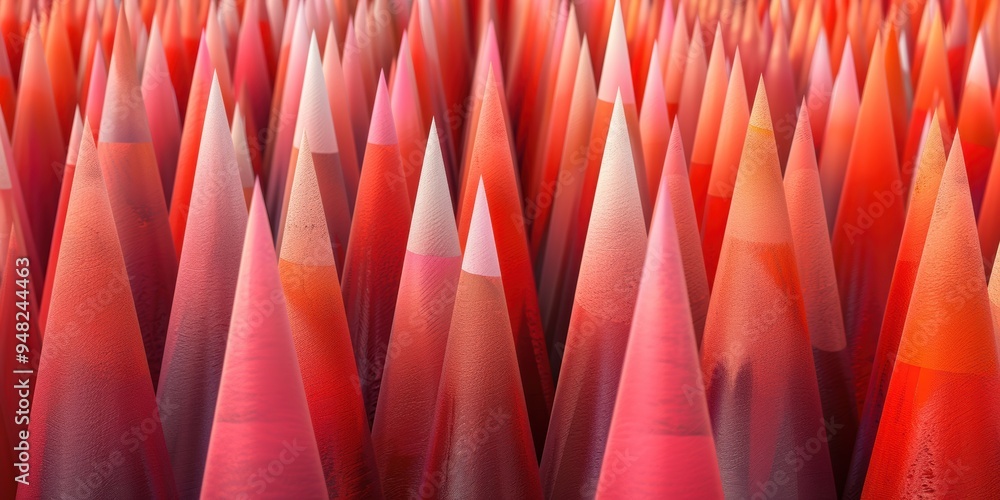 Poster a visually striking abstract pattern featuring red and pink cones arranged in a dense, repetitive fo