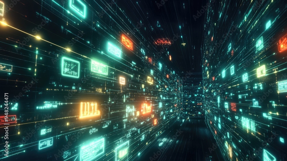 Poster glowing digital messages in a virtual space, illustrating the concept of communication and connectiv