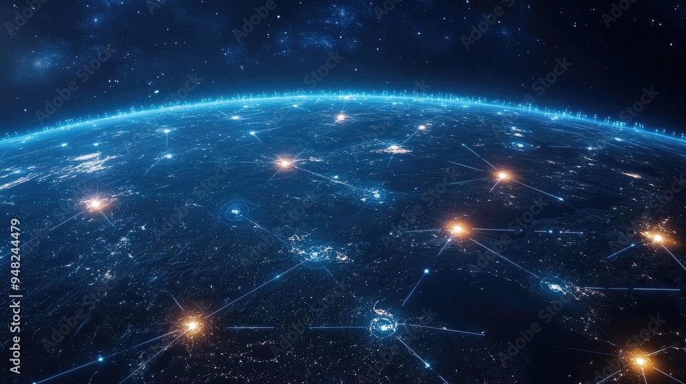 Poster glowing digital network connecting various points across the globe, representing the expansive reach