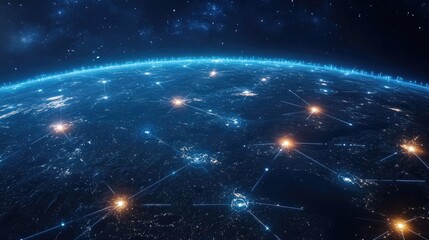 Fototapeta premium Glowing digital network connecting various points across the globe, representing the expansive reach of the internet and global communication.