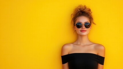 A stylish woman with sunglasses and a black off-shoulder top, standing against a yellow backdrop, exuding confidence and a chic, fashionable vibe.