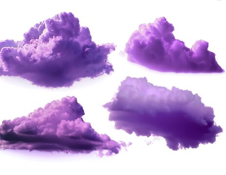 set realistic isolated purple clouds template decoration covering white background evoking storm cloudscape themes