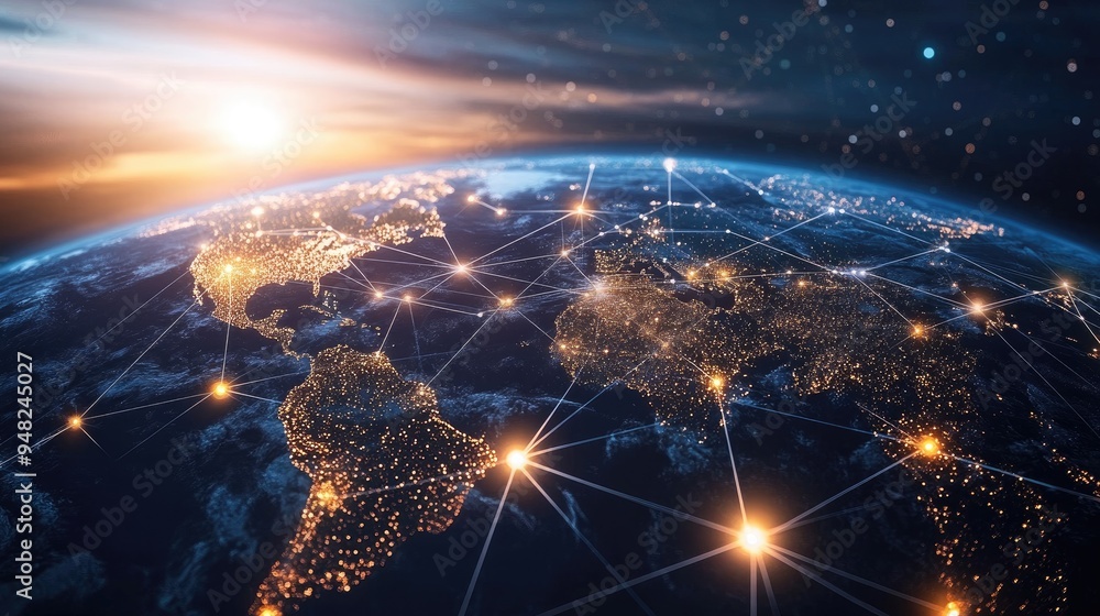 Poster glowing digital network connecting various points across the globe, representing the expansive reach