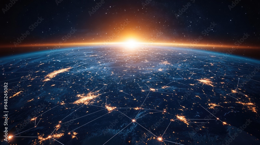 Poster glowing digital network connecting various points across the globe, representing the expansive reach