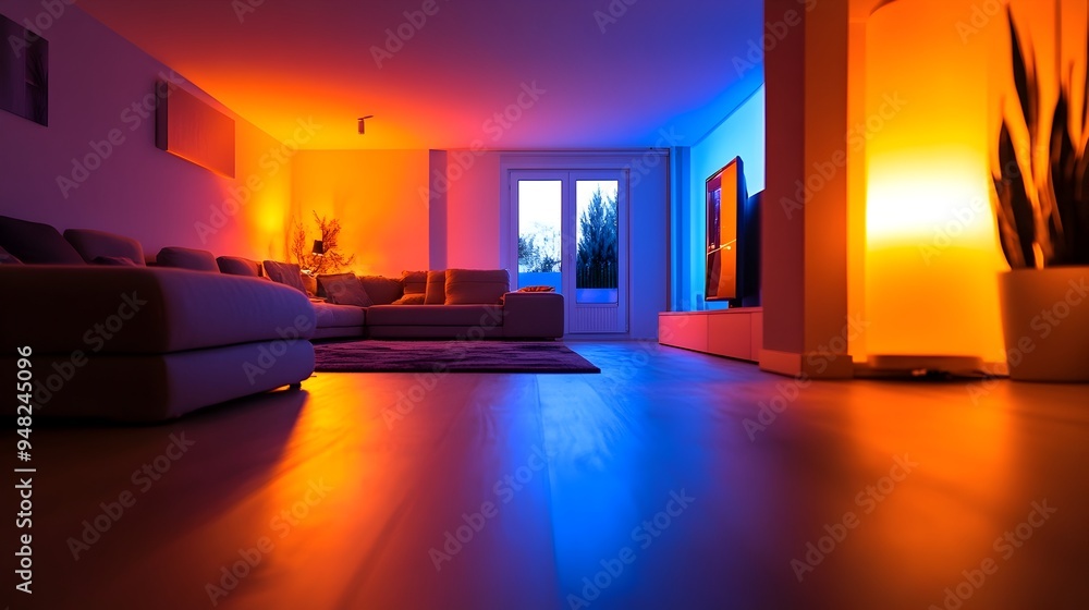 Poster a photograph showcasing iot controlled home lighting that automatically changes colors and brightnes
