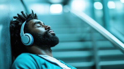 The subject is leaning against a wall on a staircase while wearing white headphones, possibly listening to music or resting. The area has a modern, futuristic feel.