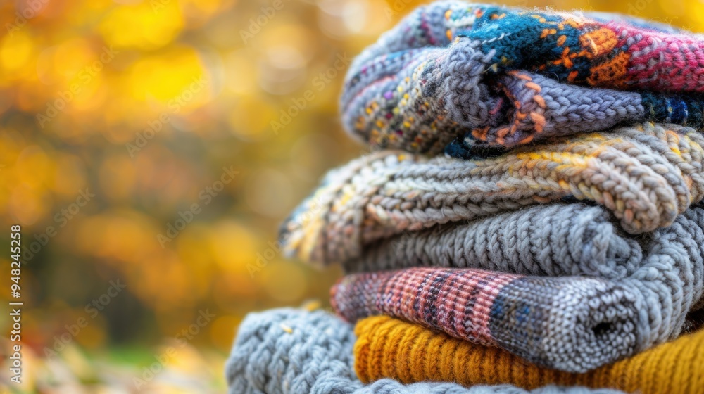 Poster a close-up of a stack of cozy knitted sweaters in various colors and patterns, with a warm, blurred 