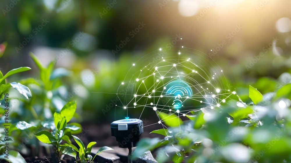 Poster photograph of a smart irrigation system using iot sensors to monitor and manage a garden for efficie