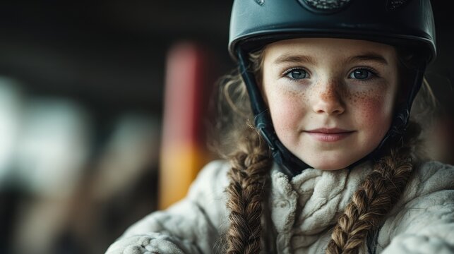 A girl with a helmet and braided hair flashes a bright smile, ready for her next adventure, symbolizing confidence, joy, and anticipation for the thrilling experiences ahead.