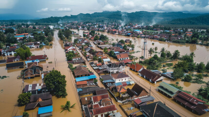 A flooded village, seen from above, with houses and roads submerged in water
